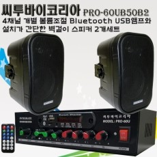 씨투바이코리아 PRO-60UB50B2 4채널 블루투스USB앰프와 벽걸이스피커2개
